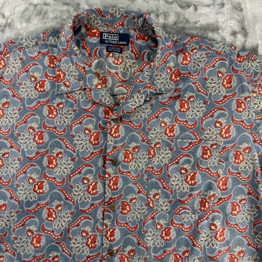 Vintage Polo Ralph Lauren Clayton Mens Blue Red Floral Paisley Cotton Camp 2XL - Picture 13 of 14